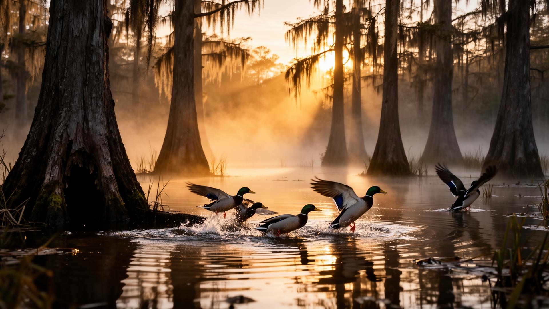 Mallards dropping into flooded timber at sunrise
